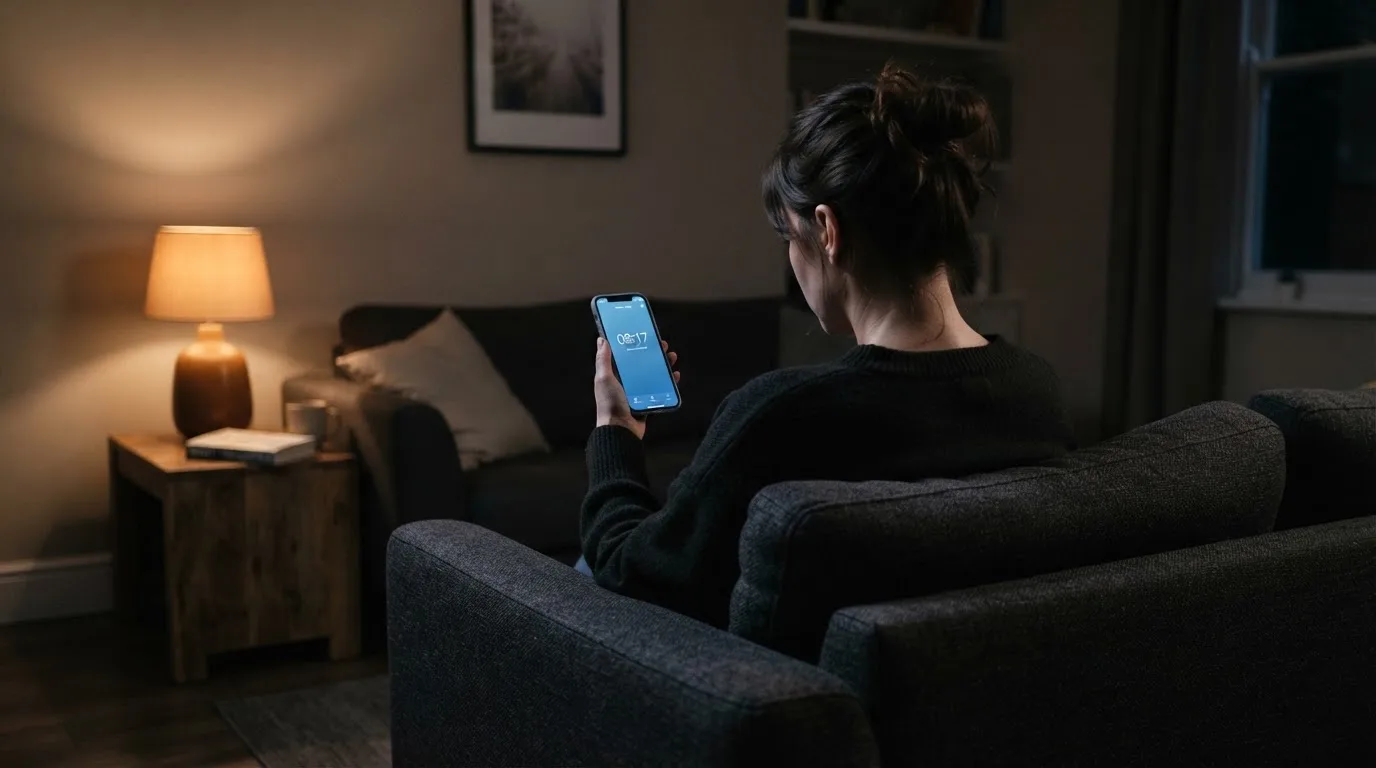 Žena drží telefon a druhou rukou si promne čelo unaveným gestem ve večerním pokoji.